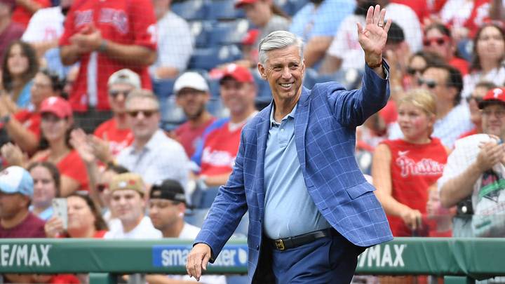 Aug 18, 2024; Philadelphia, Pennsylvania, USA; Former Philadelphia Phillies president Dave Dombrowski during Phillies Alumni Weekend and the 20th anniversary of Citizens Bank Park before game against the Washington Nationals at Citizens Bank Park. Mandatory Credit: Eric Hartline-USA TODAY Sports