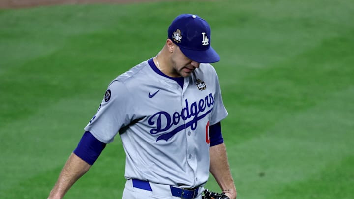 Oct 30, 2024; New York, New York, USA; Los Angeles Dodgers pitcher Jack Flaherty (0) is removed from the game during the second inning against the New York Yankees in game five of the 2024 MLB World Series at Yankee Stadium.