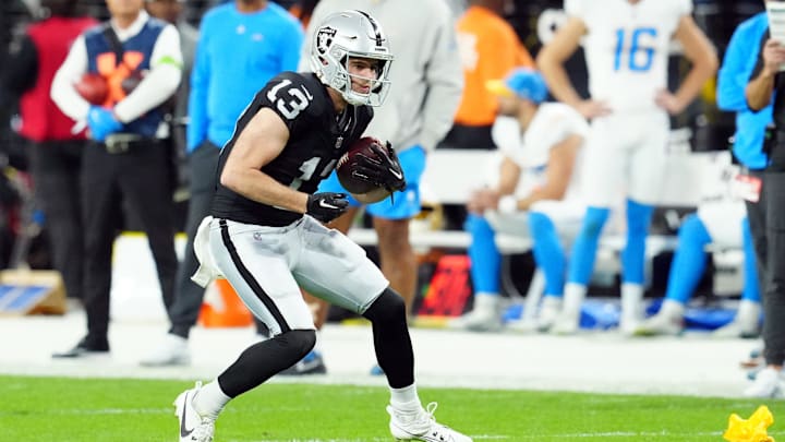 Dec 14, 2023; Paradise, Nevada, USA; Las Vegas Raiders wide receiver Hunter Renfrow (13) runs against the Los Angeles Chargers in the first quarter at Allegiant Stadium. Mandatory Credit: Stephen R. Sylvanie-USA TODAY Sports