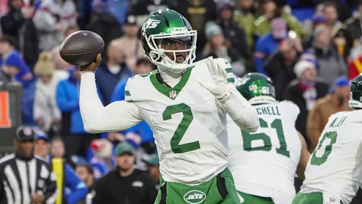 Dec 29, 2024; Orchard Park, New York, USA; New York Jets quarterback Tyrod Taylor (2) throws the ball against the Buffalo Bills during the second half at Highmark Stadium. Mandatory Credit: Gregory Fisher-Imagn Images