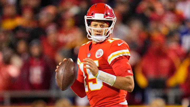 Nov 1, 2021; Kansas City, Missouri, USA; Kansas City Chiefs quarterback Patrick Mahomes (15) against the New York Giants during the second half at GEHA Field at Arrowhead Stadium. Mandatory Credit: Jay Biggerstaff-Imagn Images