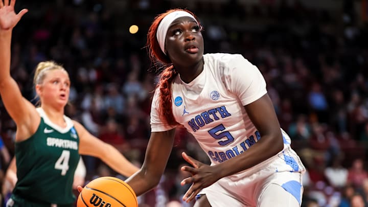 Mar 22, 2024; Columbia, SC, USA; North Carolina Tar Heels forward Maria Gakdeng (5) looks to score against the Michigan State Spartans in the second half at Colonial Life Arena. Mandatory Credit: Jeff Blake-Imagn Images