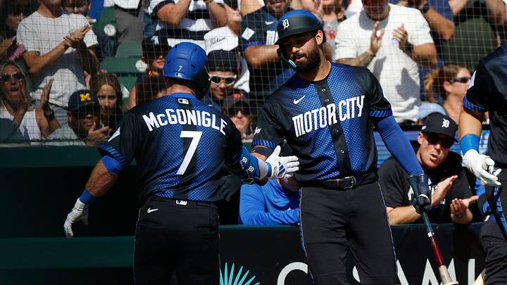 Detroit Tigers shortstop Kevin McGonigle (7) high-fives Riley Greene (31) after scoring on a home run.  Credit: Brian Bradshaw, Sevald-Imagn Images