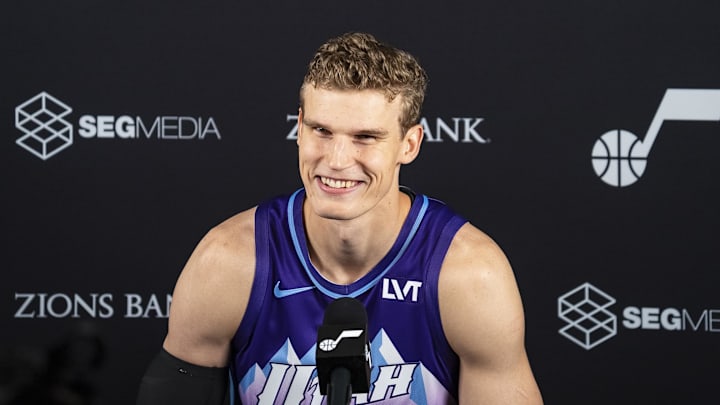 Sep 30, 2024; Salt Lake City, USA; Utah Jazz forward Lauri Markkanen (23) talks to the media during media day at Zions Bank Basketball Campus. Mandatory Credit: Utah Jazz via Imagn Images