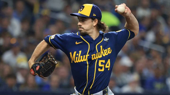 Oct 26, 2026; St. Petersburg, Florida, USA;  Milwaukee Brewers pitcher Robert Gasser (54) throws a pitch against the Tampa Bay Rays during the first inning in game three of the 2026 World Series at Tropicana Field.  Mandatory Credit: Kim Klement Neitzel-Imagn Images