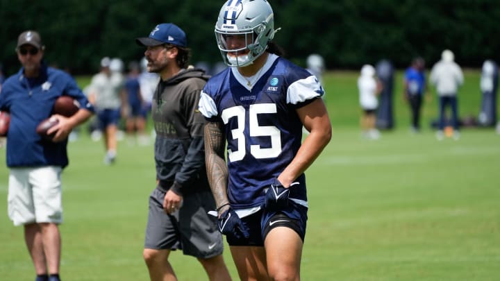 Jun 5, 2024; Frisco, TX, USA; Dallas Cowboys linebacker Marist Liufau (35) goes through a drill during practice at the Ford Center at the Star Training Facility in Frisco, Jun 5, 2024; Frisco, TX, USA; Dallas Cowboys linebacker Marist Liufau (35) goes through a drill during practice at the Ford Center at the Star Training Facility in Frisco,