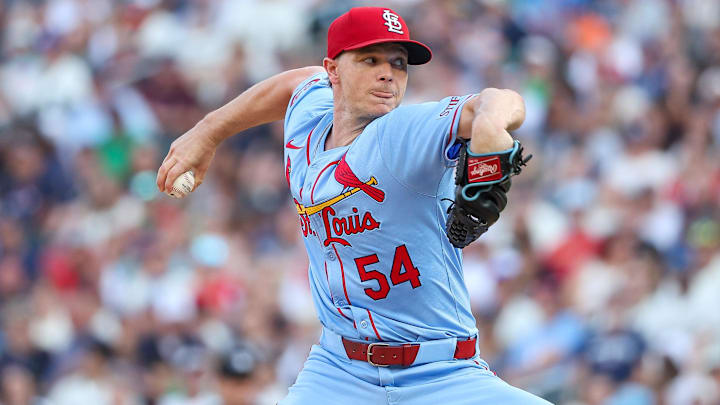 Aug 24, 2024; Minneapolis, Minnesota, USA; St. Louis Cardinals starting pitcher Sonny Gray (54) delivers a pitch against the Minnesota Twins during the first inning at Target Field