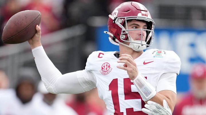 Alabama Crimson Tide quarterback Ty Simpson (15) passes against the Indiana Hoosiers in the first half of the 2026 Rose Bowl and quarterfinal game of the College Football Playoff at Rose Bowl Stadium. Mandatory Credit: Kirby Lee-Imagn Images