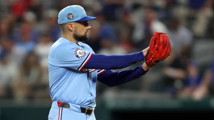 Jul 7, 2024; Arlington, Texas, USA; Texas Rangers pitcher Nathan Eovaldi (17) starts his wide up in the first inning against the Tampa Bay Rays at Globe Life Field. Mandatory Credit: Tim Heitman-USA TODAY Sports Jul 7, 2024; Arlington, Texas, USA; Texas Rangers pitcher Nathan Eovaldi (17) starts his wide up in the first inning against the Tampa Bay Rays at Globe Life Field. Mandatory Credit: Tim Heitman-USA TODAY Sports