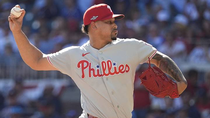 Sep 29, 2026: Philadelphia Phillies pitcher Jhoan Duran (59) throws a pitch against the Atlanta Braves in the seventh inning during game one of the Wildcard round for the 2026 MLB Playoffs at Truist Park.  Credit: Dale Zanine-Imagn Images