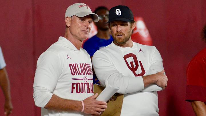 Oklahoma coach Brent Venables and general manager Jim Nagy talk during one of the Sooners' elite prospect camps. Venables held his initial weekly press conference ahead of OU's opener vs. UTEP on Friday. Oklahoma coach Brent Venables and general manager Jim Nagy talk during one of the Sooners' elite prospect camps. Venables held his initial weekly press conference ahead of OU's opener vs. UTEP on Friday.