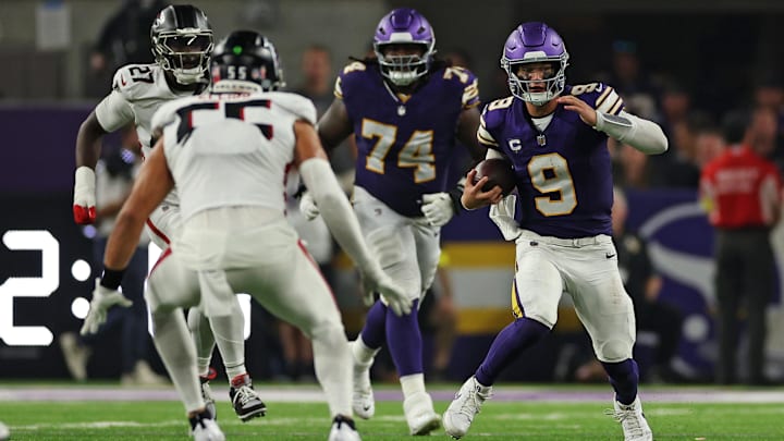 Sep 14, 2025; Minneapolis, Minnesota, USA; Minnesota Vikings quarterback J.J. McCarthy (9) runs the ball during the second half against the Atlanta Falcons at U.S. Bank Stadium.