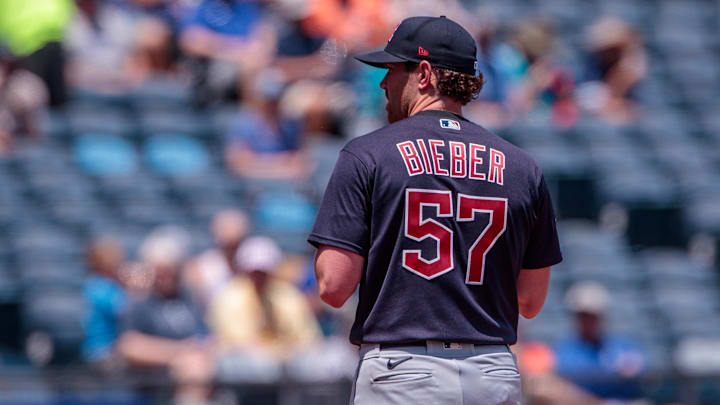 Jun 29, 2023; Kansas City, Missouri, USA; Cleveland Guardians starting pitcher Shane Bieber (57) on