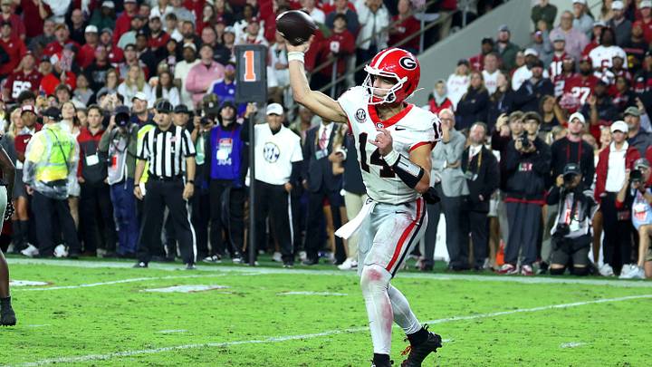 Oct 10, 2026; Tuscaloosa, Alabama, USA; Georgia Bulldogs quarterback Gunner Stockton (14) passes the ball during the second half against the Alabama Crimson Tide at Saban Field at Bryant-Denny Stadium. Mandatory Credit: David Leong-Imagn Images