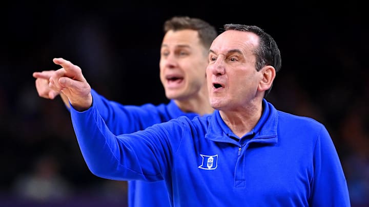 Apr 2, 2022; New Orleans, LA, USA; Duke basketball head coach Mike Krzyzewski and associate head coach Jon Scheyer instruct their team against the North Carolina Tar Heels during the first half during the 2022 NCAA men's basketball tournament Final Four semifinals at Caesars Superdome.