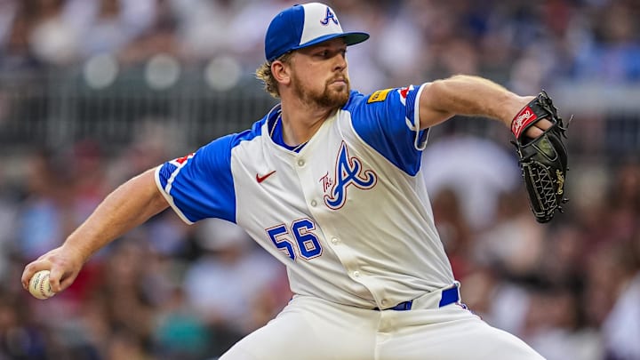 Atlanta Braves starting pitcher Spencer Schwellenbach throws a pitc