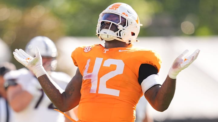 Tennessee defensive lineman Tyre West (42) during a college football game between Tennessee and Mississippi State at Davis Wade Stadium in Starkville, Miss., on Sept. 27, 2025.