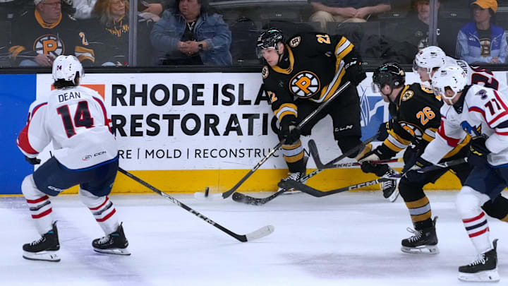 The Providence Bruins face off against the Springfield Thunderbirds in game 1, round 1 of playoff action at the AMP on April 23, 2025