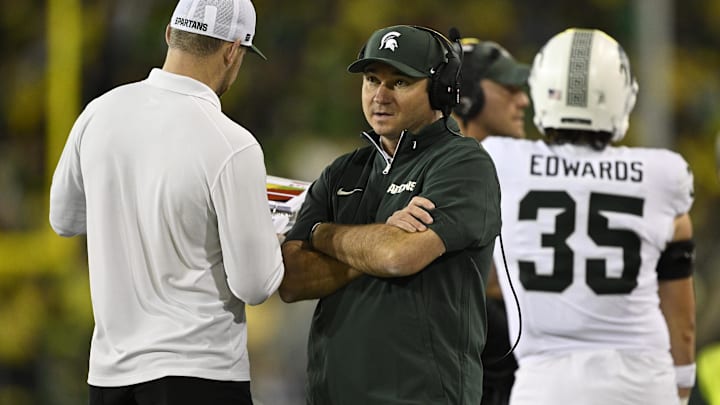 Oct 4, 2024; Eugene, Oregon, USA; Michigan State Spartans head coach Jonathan Smith during the second half in a game against the Oregon Ducks at Autzen Stadium. Mandatory Credit: Troy Wayrynen-Imagn Images