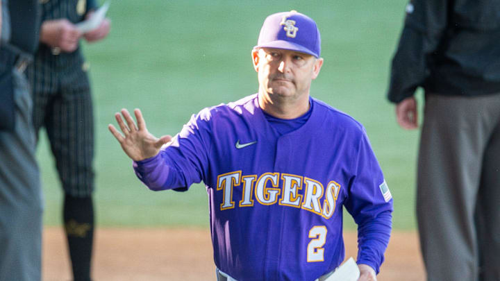 Tigers head coach Jay Johnson as the LSU Tigers take on the Vanderbilt Commodores at Alex Box Stadium in Baton Rouge LA. Thursday, April 4, 2024.