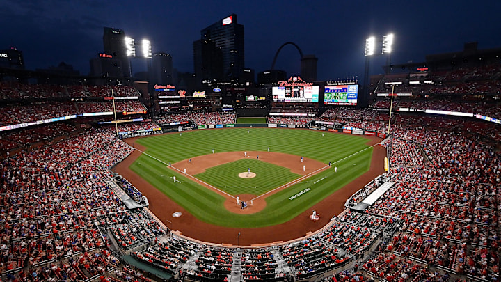 May 23, 2021; St. Louis, Missouri, USA;  A general view of Busch Stadium during the seventh inning of a game between the St. Louis Cardinals and the Chicago Cubs. Mandatory Credit: Jeff Curry-Imagn Images