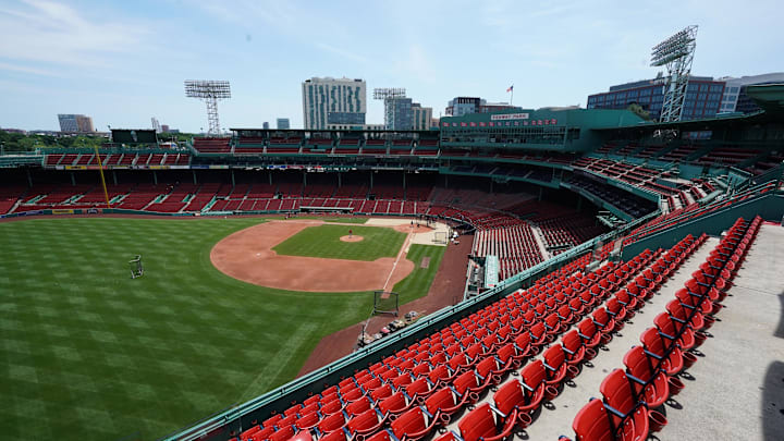 Jul 7, 2020; Boston, Massachusetts, United States; A general view of empty seats at Fenway Park during the Boston Red Sox Summer Camp. Mandatory Credit: David Butler II-Imagn Images