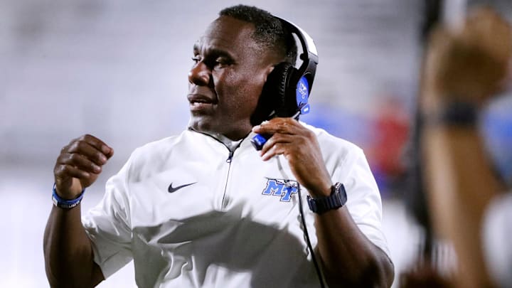Middle Tennessee head coach Derek Mason on the sidelines during the rivalry football game against Western Kentucky at MTSU, on Saturday, Sept. 14, 2024