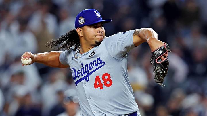 Oct 30, 2024; New York, New York, USA; Los Angeles Dodgers pitcher Brusdar Graterol (48) pitches during the sixth inning against the New York Yankees in game four of the 2024 MLB World Series at Yankee Stadium. Mandatory Credit: Brad Penner-Imagn Images