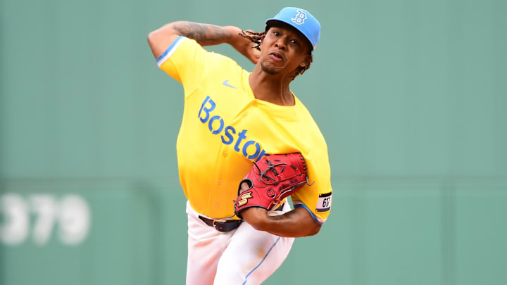 Apr 18, 2026; Boston, Massachusetts, USA;  Boston Red Sox starting pitcher Brayan Bello (66) pitches during the first inning against the Detroit Tigers at Fenway Park. Mandatory Credit: Bob DeChiara-Imagn Images