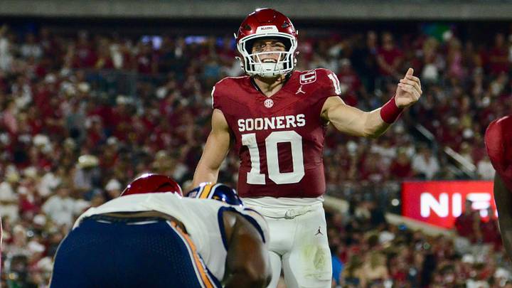 Oklahoma quarterback John Mateer prepares for a snap against UTEP. Oklahoma quarterback John Mateer prepares for a snap against UTEP.