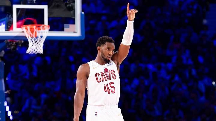 Oct 22, 2026; Philadelphia, Pennsylvania, USA; Cleveland Cavaliers guard Donovan Mitchell (45) reacts during the third quarter against the Philadelphia 76ers at Xfinity Mobile Arena. Mandatory Credit: Bill Streicher-Imagn Images