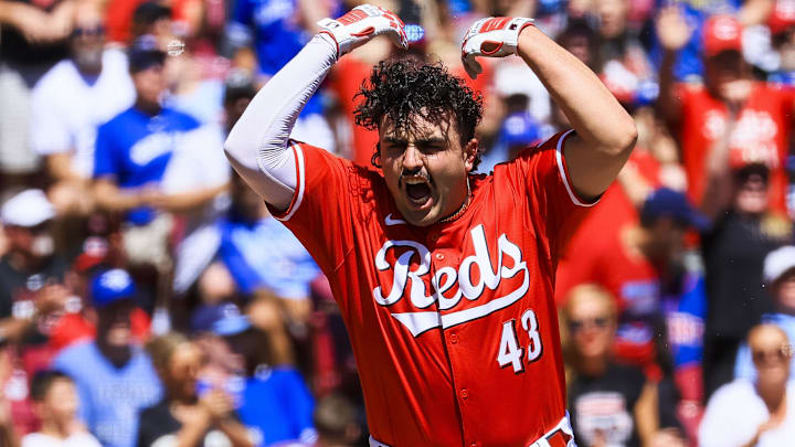 Sep 1, 2025; Cincinnati, Ohio, USA; Cincinnati Reds first baseman Sal Stewart (43) reacts after scoring on a two-run triple hit by third baseman Ke'Bryan Hayes (not pictured) in the second inning against the Toronto Blue Jays at Great American Ball Park. Mandatory Credit: Katie Stratman-Imagn Images