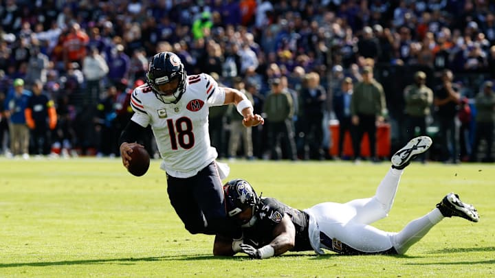 Oct 26, 2025; Baltimore, Maryland, USA; Chicago Bears quarterback Caleb Williams (18) is sacked by Baltimore Ravens linebacker Mike Green (45) during the first quarter at M&T Bank Stadium. Mandatory Credit: Geoff Burke-Imagn Images Oct 26, 2025; Baltimore, Maryland, USA; Chicago Bears quarterback Caleb Williams (18) is sacked by Baltimore Ravens linebacker Mike Green (45) during the first quarter at M&T Bank Stadium. Mandatory Credit: Geoff Burke-Imagn Images