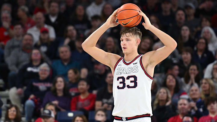 Feb 24, 2024; Spokane, Washington, USA; Gonzaga Bulldogs forward Ben Gregg (33) looks on during a