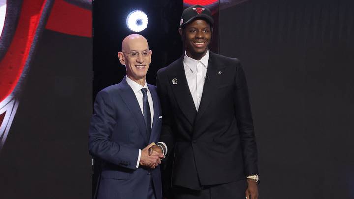 Jun 23, 2026; New York, NY, USA; NBA commissioner Adam Silver greets the fourth pick in the 2026 NBA draft, North Carolina forward Caleb Wilson after he was selected by the Chicago Bulls at Barclays Center. Mandatory Credit: Brad Penner-Imagn Images