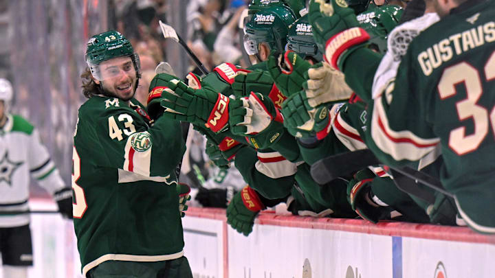 Apr 30, 2026; Saint Paul, Minnesota, USA; Minnesota Wild defensemen Quinn Hughes (43) celebrates his second goal of the night against the Dallas Stars during the third period in game six of the first round of the 2026 Stanley Cup Playoffs at Grand Casino Arena. Mandatory Credit: Nick Wosika-Imagn Images