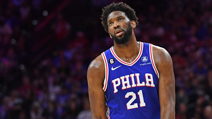 May 7, 2023; Philadelphia, Pennsylvania, USA; Philadelphia 76ers center Joel Embiid (21) against the Boston Celtics during the fourth quarter of game four of the 2023 NBA playoffs at Wells Fargo Center. Mandatory Credit: Eric Hartline-Imagn Images