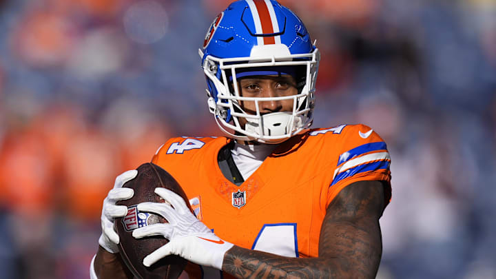Jan 5, 2025; Denver, Colorado, USA; Denver Broncos wide receiver Courtland Sutton (14) before the game against the Kansas City Chiefs at Empower Field at Mile High. Mandatory Credit: Ron Chenoy-Imagn Images