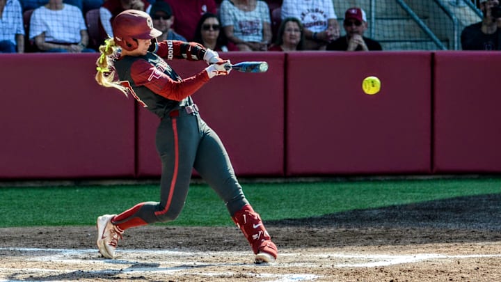 Oklahoma infielder Sydney Barker hits a ball against Sam Houston.