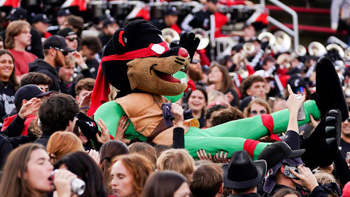 Cincinnati Bearcats fans celebrate with the Bearcat in the third quarter of a college football game between the Cincinnati Bearcats and West Virginia Mountaineers, Saturday, Nov. 9, 2024, at Nippert Stadium in Cincinnati. Mountaineers won 31-24.
