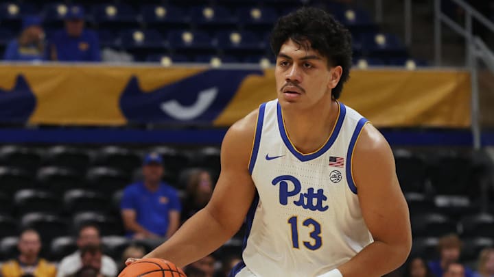 Oct 19, 2025; Pittsburgh, PA, USA; Pittsburgh Panthers forward Roman Siulepa (13) dribbles the ball against the Providence Friars during the first half at the Petersen Events Center. Mandatory Credit: Charles LeClaire-Imagn Images Oct 19, 2025; Pittsburgh, PA, USA; Pittsburgh Panthers forward Roman Siulepa (13) dribbles the ball against the Providence Friars during the first half at the Petersen Events Center. Mandatory Credit: Charles LeClaire-Imagn Images