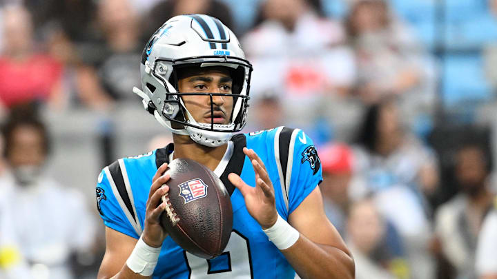Carolina Panthers quarterback Bryce Young (9) looks to pass in the first quarter at Bank of America Stadium. Carolina Panthers quarterback Bryce Young (9) looks to pass in the first quarter at Bank of America Stadium.