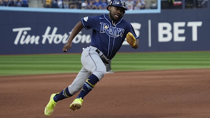 Oct 1, 2023; Toronto, Ontario, CAN; Tampa Bay Rays right fielder Osleivis Basabe (37) scores from second base against the Toronto Blue Jays during the sixth inning at Rogers Centre. Oct 1, 2023; Toronto, Ontario, CAN; Tampa Bay Rays right fielder Osleivis Basabe (37) scores from second base against the Toronto Blue Jays during the sixth inning at Rogers Centre.