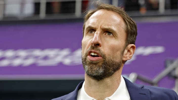 Nov 25, 2022; Al Khor, Qatar; England manager Gareth Southgate during the national anthem before a group stage match against the United States of America during the 2022 World Cup at Al Bayt Stadium. Nov 25, 2022; Al Khor, Qatar; England manager Gareth Southgate during the national anthem before a group stage match against the United States of America during the 2022 World Cup at Al Bayt Stadium.
