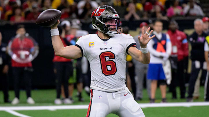 Oct 13, 2024; New Orleans, Louisiana, USA; Tampa Bay Buccaneers quarterback Baker Mayfield (6) throws during the first half of a game against the New Orleans Saints at Caesars Superdome. Mandatory Credit: Matthew Hinton-Imagn Images