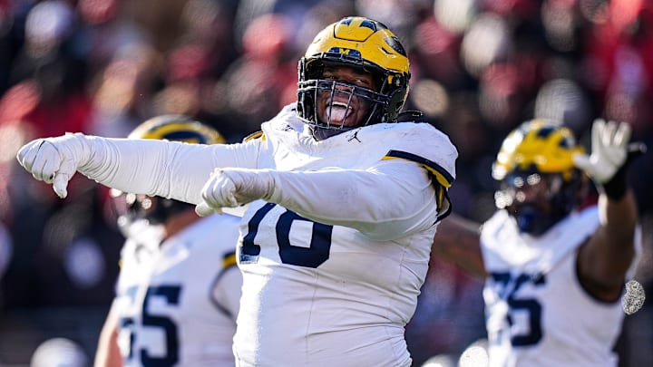 Michigan defensive lineman Kenneth Grant (78) celebrates after Ohio State misses a field goal during the second half at Ohio Stadium in Columbus, Ohio on Saturday, Nov. 30, 2024.