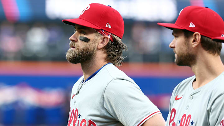 Oct 8, 2024; New York City, New York, USA; Philadelphia Phillies first baseman Bryce Harper (3) looks on before game three against the New York Mets in the NLDS for the 2024 MLB Playoffs at Citi Field.