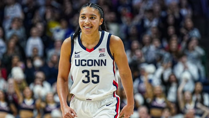 Feb 12, 2025; Storrs, Connecticut, USA; UConn Huskies guard Azzi Fudd (35) reacts after her three point basket against the St. John's Red Storm in the second half at Harry A. Gampel Pavilion. Mandatory Credit: David Butler II-Imagn Images