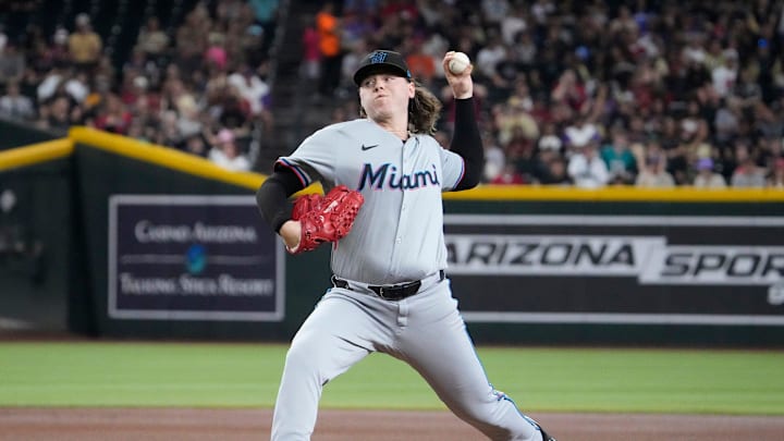 Miami Marlins pitcher Ryan Weathers (60) delivers a pitch against the Arizona Diamondbacks during the first inning at Chase Field in Phoenix on Sunday, May 26, 2024.