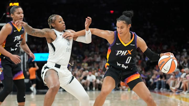 Phoenix Mercury forward Satou Sabally (0) is defended by Las Vegas Aces guard Tiffany Mitchell (3) during the third quarter at PHX Arena Jun 29, 2025.